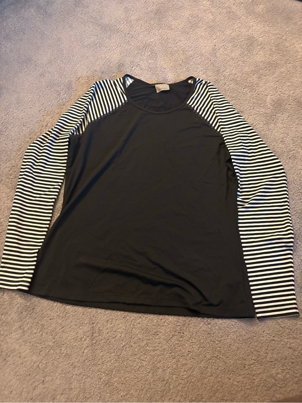 Athleta Black Swim Coverup with Black & White Striped Sleeves / rash gaurd